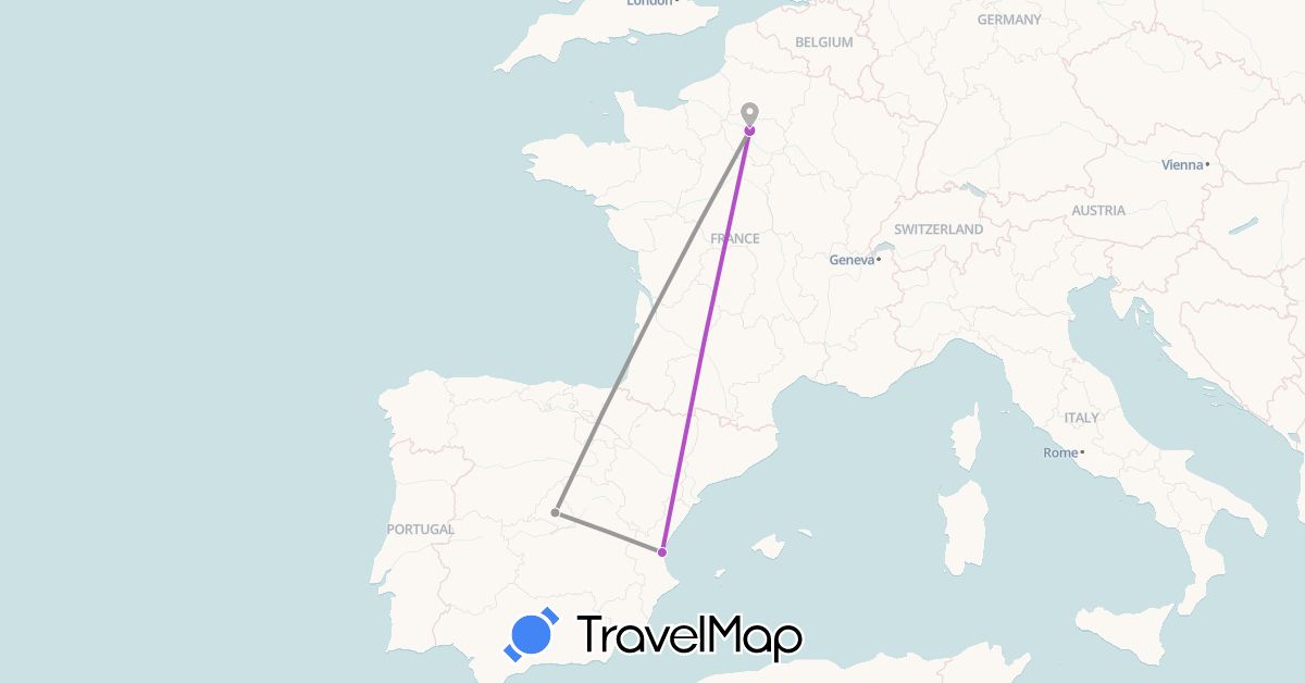 TravelMap itinerary: plane, train in Spain, France (Europe)